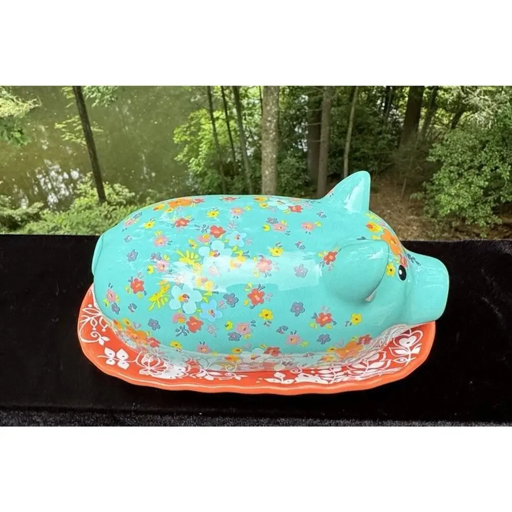 Gibson Ceramic Pig Covered Butter Dish Lid Tray Farmhouse Pioneer Woman EUC A82
